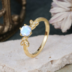 6 Prong Round Cut Opal Brilliant Sparkle Leaf Engagement Ring Nature Inspired Ring for women