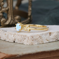 6 Prong Round Cut Opal Brilliant Sparkle Leaf Engagement Ring Nature Inspired Ring for women