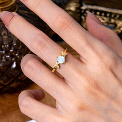 6 Prong Round Cut Opal Brilliant Sparkle Leaf Engagement Ring Nature Inspired Ring for women