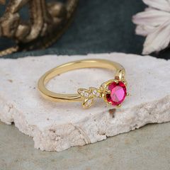 6 Prong Round Cut Ruby Brilliant Sparkle Leaf Engagement Ring Nature Inspired Ring for women