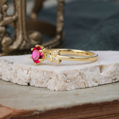6 Prong Round Cut Ruby Brilliant Sparkle Leaf Engagement Ring Nature Inspired Ring for women
