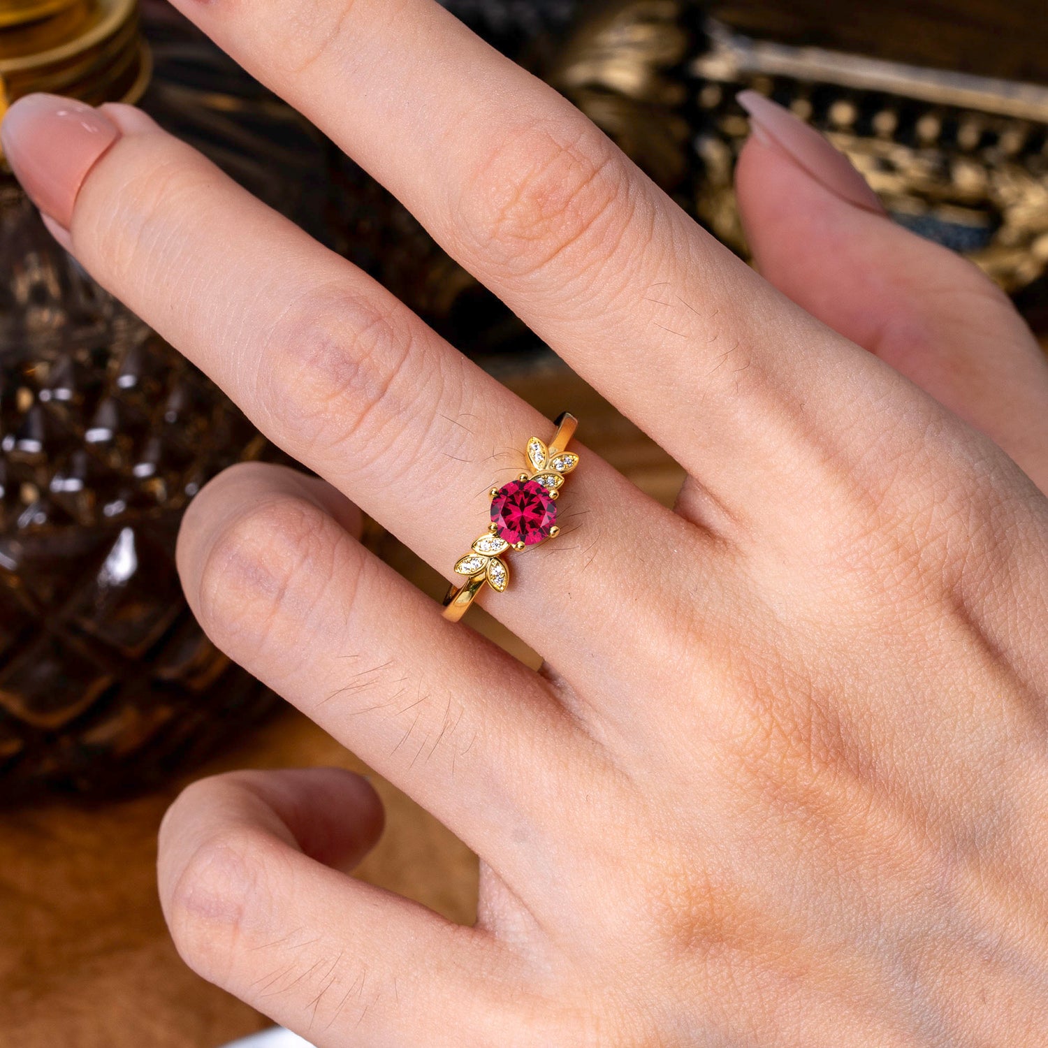 6 Prong Round Cut Ruby Brilliant Sparkle Leaf Engagement Ring Nature Inspired Ring for women