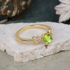Round Peridot Green Leaf Engagement Ring Nature Inspired Six Claw Setting
