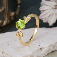 Round Peridot Green Leaf Engagement Ring Nature Inspired Six Claw Setting