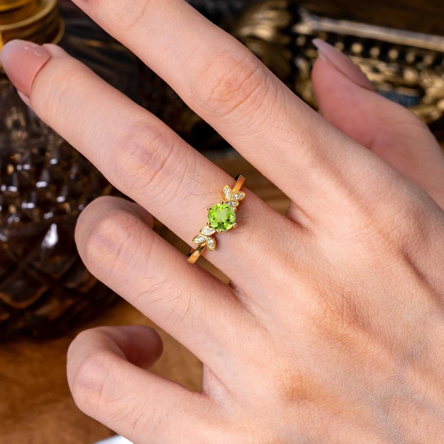 Round Peridot Green Leaf Engagement Ring Nature Inspired Six Claw Setting