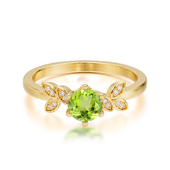 Round Peridot Promise Ring Nature Inspired Leaf Engagement Ring Six Claw Prong Setting