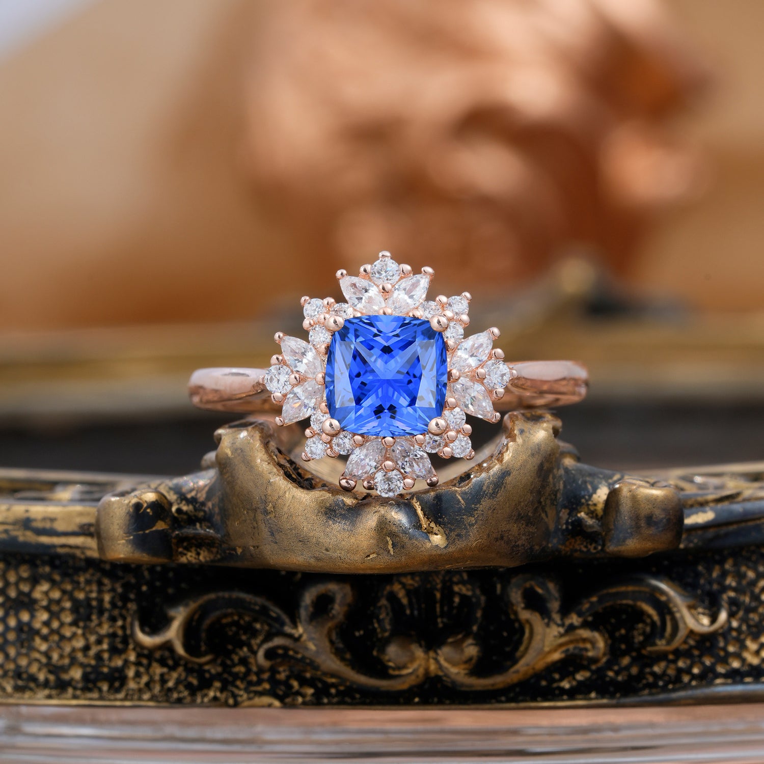 1.2 Carat Vintage Cushion Cut Cluster Halo Sapphire Engagement Ring