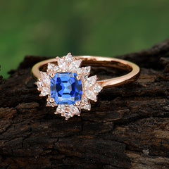 1.2 Carat Vintage Cushion Cut Cluster Halo Sapphire Engagement Ring