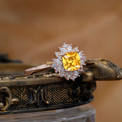 1.2 Carat Vintage Cushion Cut Cluster Halo Citrine Engagement Ring