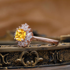 1.2 Carat Vintage Cushion Cut Cluster Halo Citrine Engagement Ring