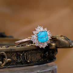 1.2 Carat Vintage Cushion Cut Cluster Halo Turquoise Engagement Ring