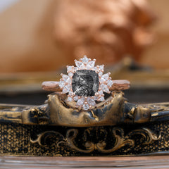 1.2 Carat Vintage Cushion Cut Cluster Halo Black Rutilated Quartz Engagement Ring