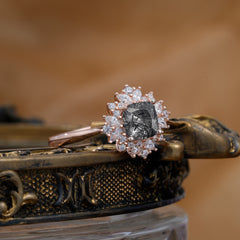 1.2 Carat Vintage Cushion Cut Cluster Halo Black Rutilated Quartz Engagement Ring