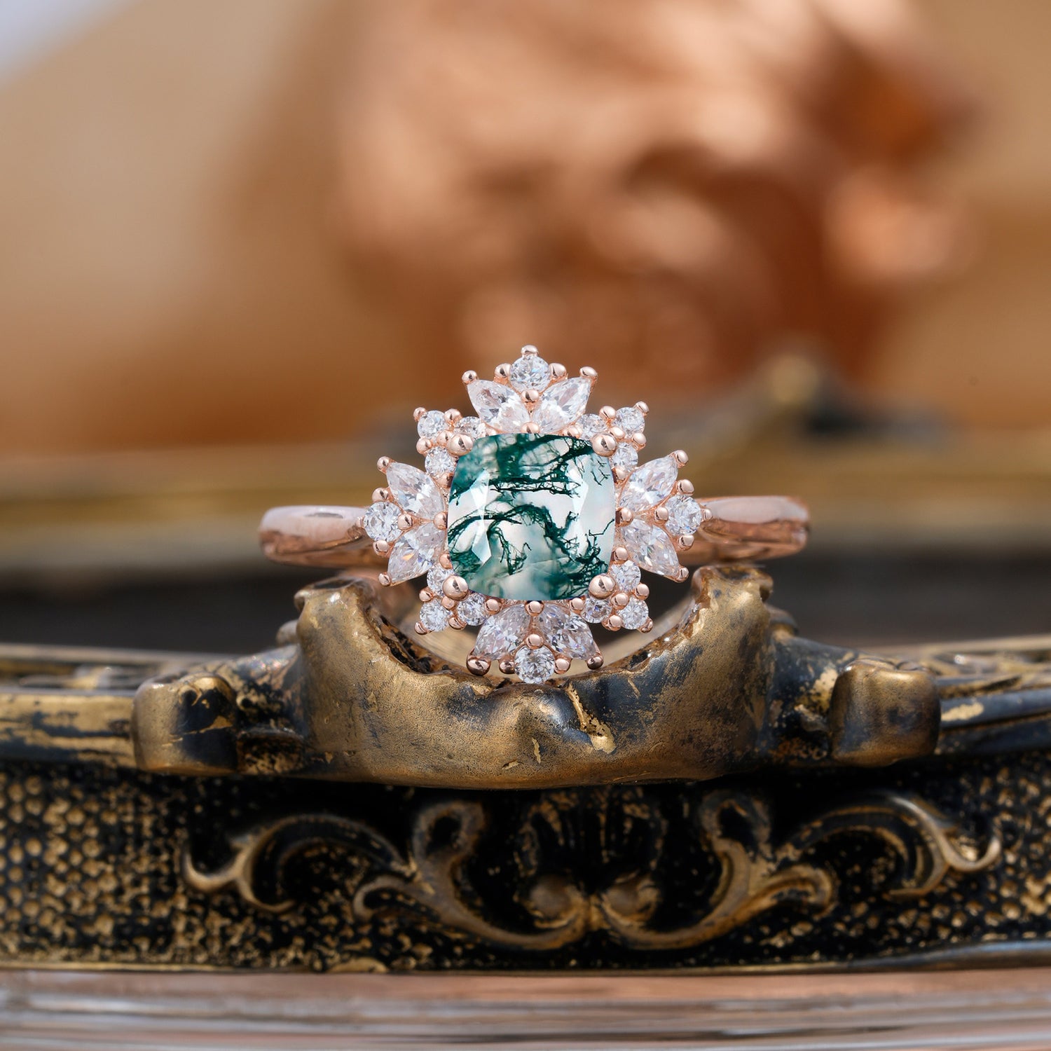 1.2 Carat Vintage Cushion Cut Cluster Halo Moss Agate Engagement Ring