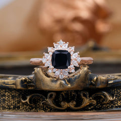 1.2 Carat Vintage Cushion Cut Cluster Halo Black Onyx Engagement Ring