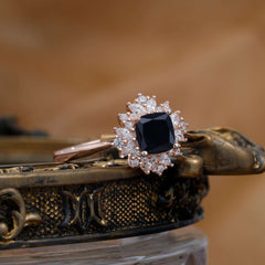 1.2 Carat Vintage Cushion Cut Cluster Halo Black Onyx Engagement Ring