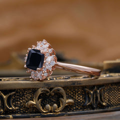 1.2 Carat Vintage Cushion Cut Cluster Halo Black Onyx Engagement Ring