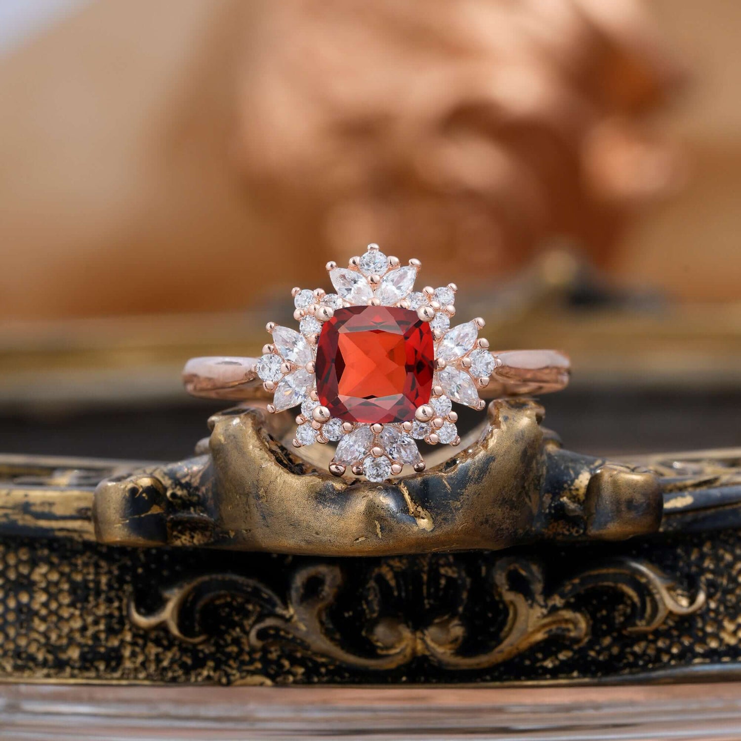 1.2 Carat Vintage Cushion Cut Cluster Halo Garnet Engagement Ring