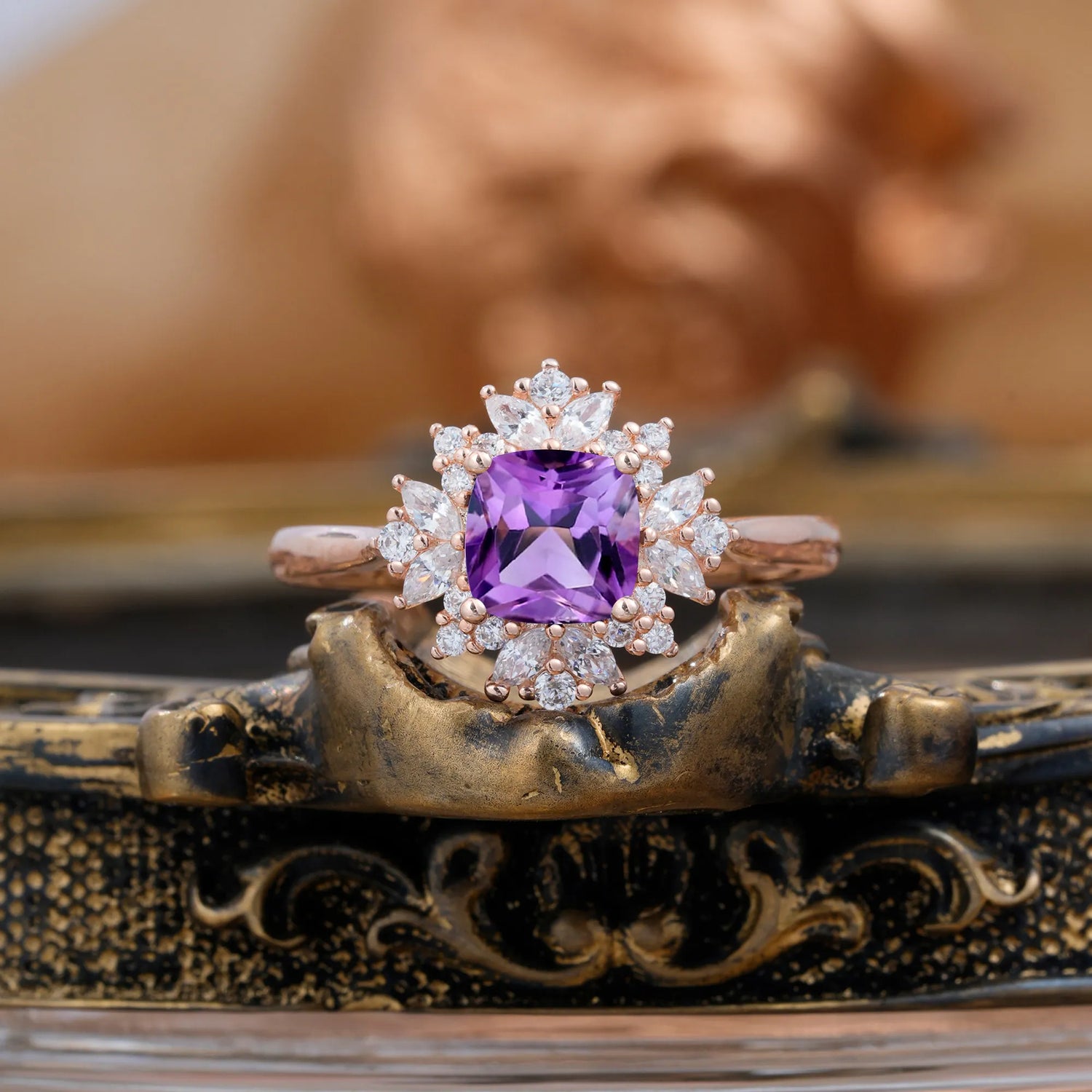 1.2 Carat Vintage Cushion Cut Cluster Halo Amethyst Engagement Ring