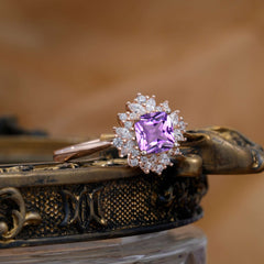 1.2 Carat Vintage Cushion Cut Cluster Halo Amethyst Engagement Ring