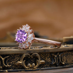 1.2 Carat Vintage Cushion Cut Cluster Halo Amethyst Engagement Ring