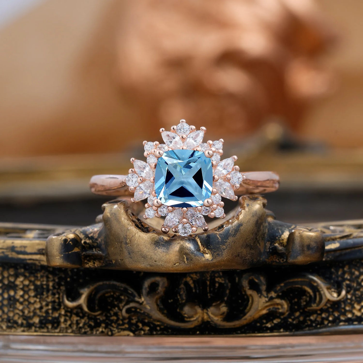 1.2 Carat Vintage Cushion Cut Cluster Halo Aquamarine Engagement Ring