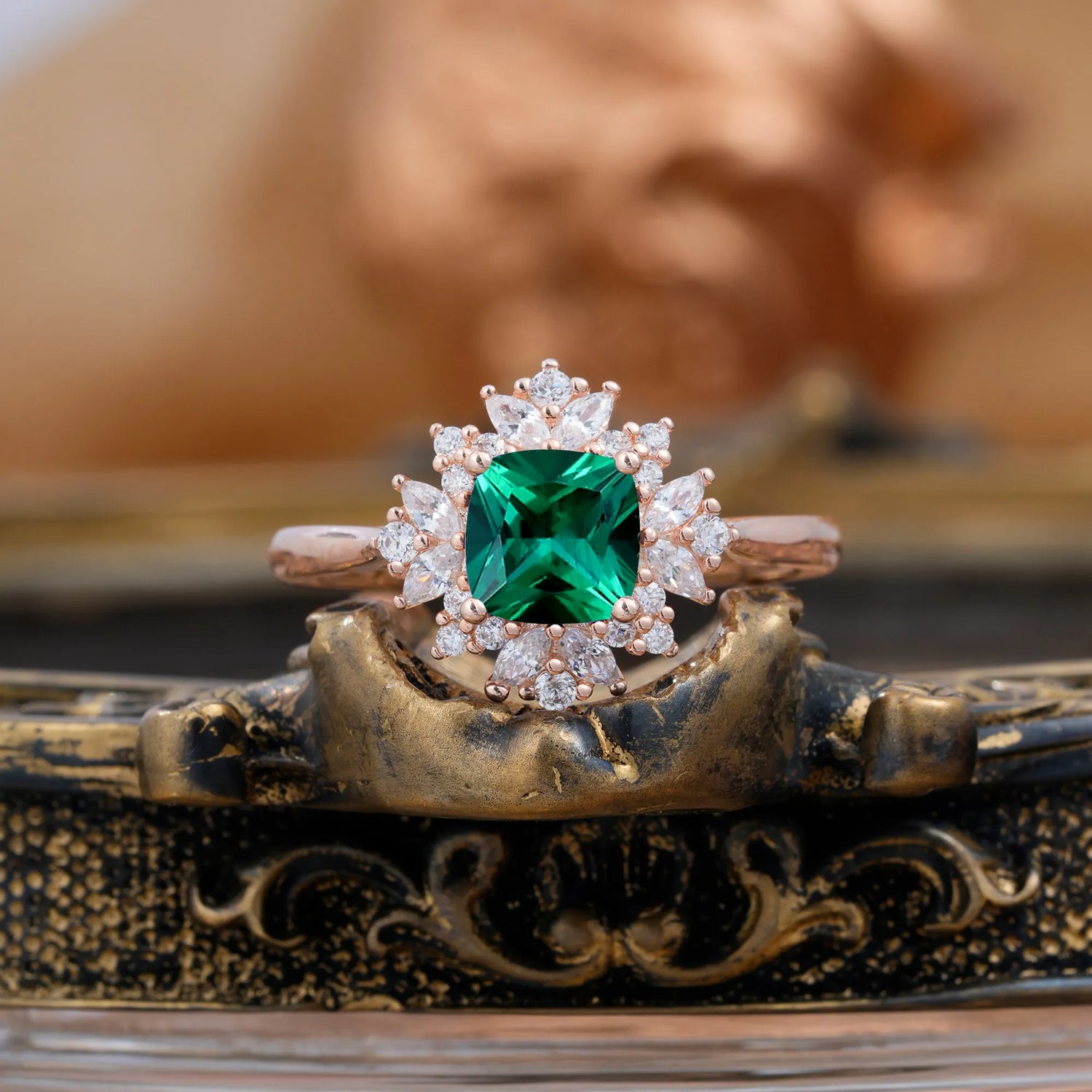 1.2 Carat Vintage Cushion Cut Cluster Halo Emerald Engagement Ring