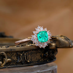 1.2 Carat Vintage Cushion Cut Cluster Halo Emerald Engagement Ring