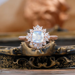 1.2 Carat Vintage Cushion Cut Cluster Halo Natural Moonstone Engagement Ring