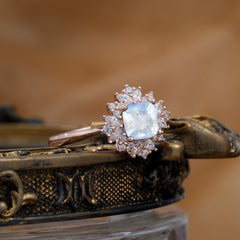 1.2 Carat Vintage Cushion Cut Cluster Halo Natural Moonstone Engagement Ring
