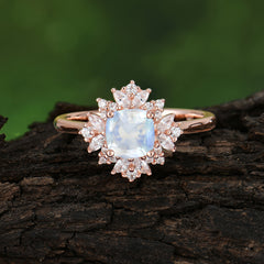 1.2 Carat Vintage Cushion Cut Cluster Halo Moonstone Engagement Ring