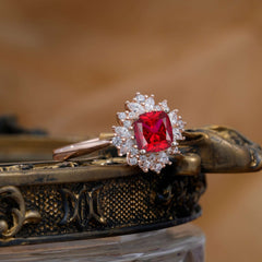 1.2 Carat Vintage Cushion Cut Cluster Halo Ruby Engagement Ring