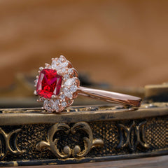 1.2 Carat Vintage Cushion Cut Cluster Halo Ruby Engagement Ring