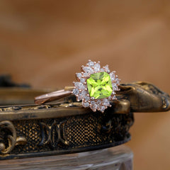 1.2 Carat Vintage Cushion Cut Cluster Halo Peridot Engagement Ring