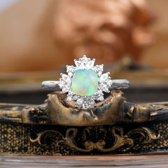 1.2 Carat Vintage Cushion Cut Cluster Halo Opal Engagement Ring