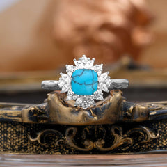 1.2 Carat Vintage Cushion Cut Cluster Halo Turquoise Engagement Ring