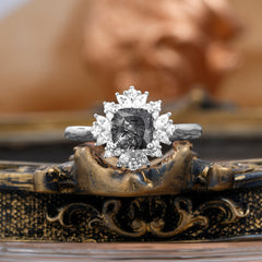 1.2 Carat Vintage Cushion Cut Cluster Halo Black Rutilated Quartz Engagement Ring