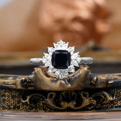 1.2 Carat Vintage Cushion Cut Cluster Halo Black Onyx Engagement Ring