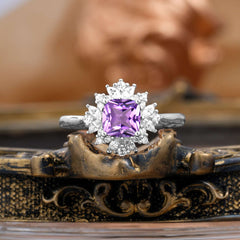 1.2 Carat Vintage Cushion Cut Cluster Halo Amethyst Engagement Ring