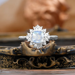 1.2 Carat Vintage Cushion Cut Cluster Halo Natural Moonstone Engagement Ring
