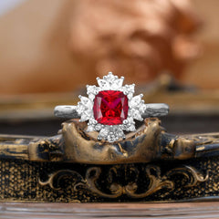 1.2 Carat Vintage Cushion Cut Cluster Halo Ruby Engagement Ring