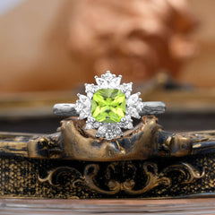 1.2 Carat Vintage Cushion Cut Cluster Halo Peridot Engagement Ring
