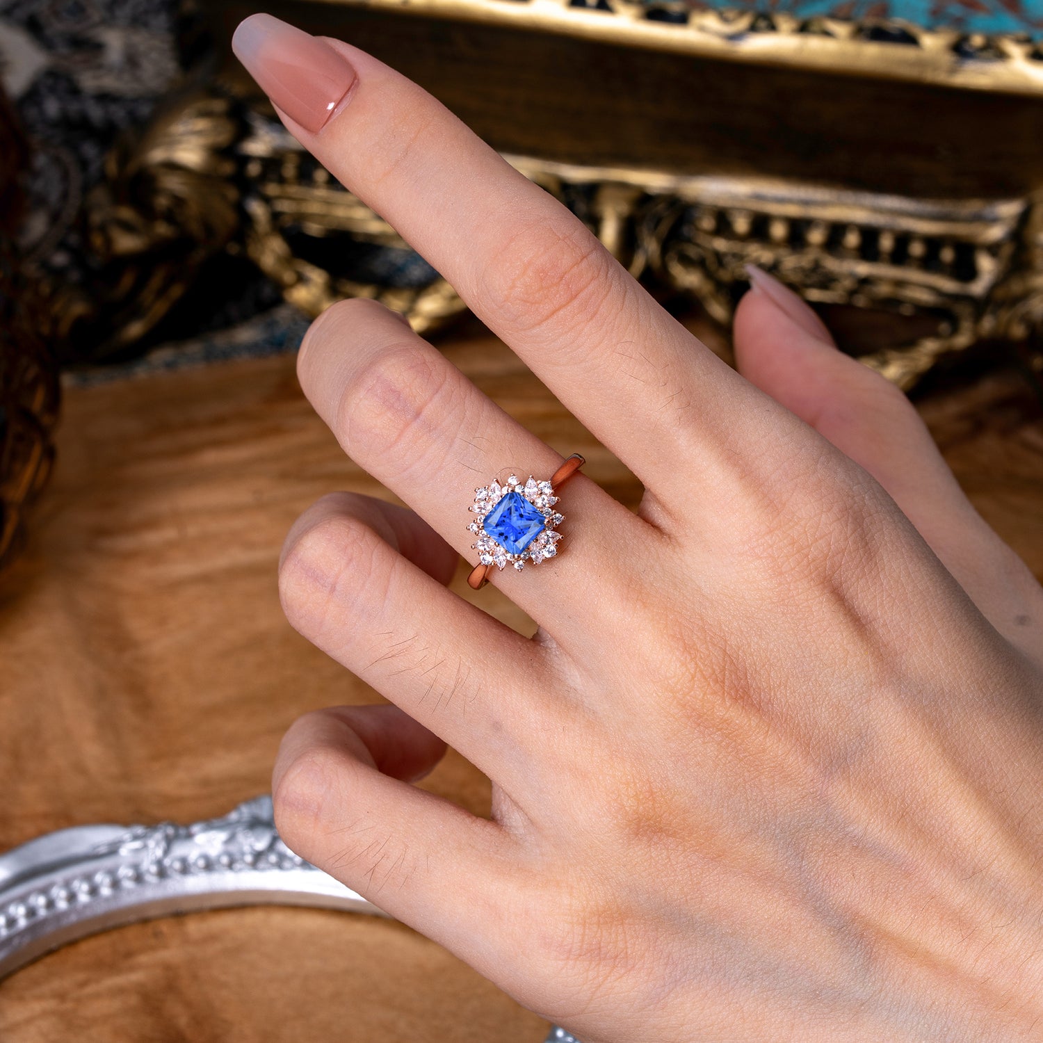 1.2 Carat Vintage Cushion Cut Cluster Halo Sapphire Engagement Ring