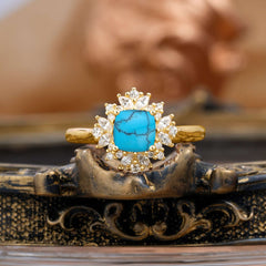 1.2 Carat Vintage Cushion Cut Cluster Halo Turquoise Engagement Ring