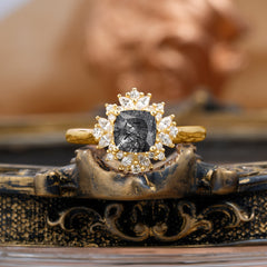 1.2 Carat Vintage Cushion Cut Cluster Halo Black Rutilated Quartz Engagement Ring