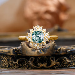 1.2 Carat Vintage Cushion Cut Cluster Halo Moss Agate Engagement Ring