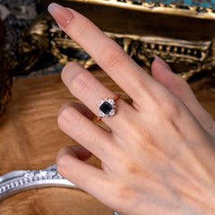 1.2 Carat Vintage Cushion Cut Cluster Halo Black Onyx Engagement Ring