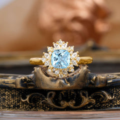 1.2 Carat Vintage Cushion Cut Cluster Halo Aquamarine Engagement Ring