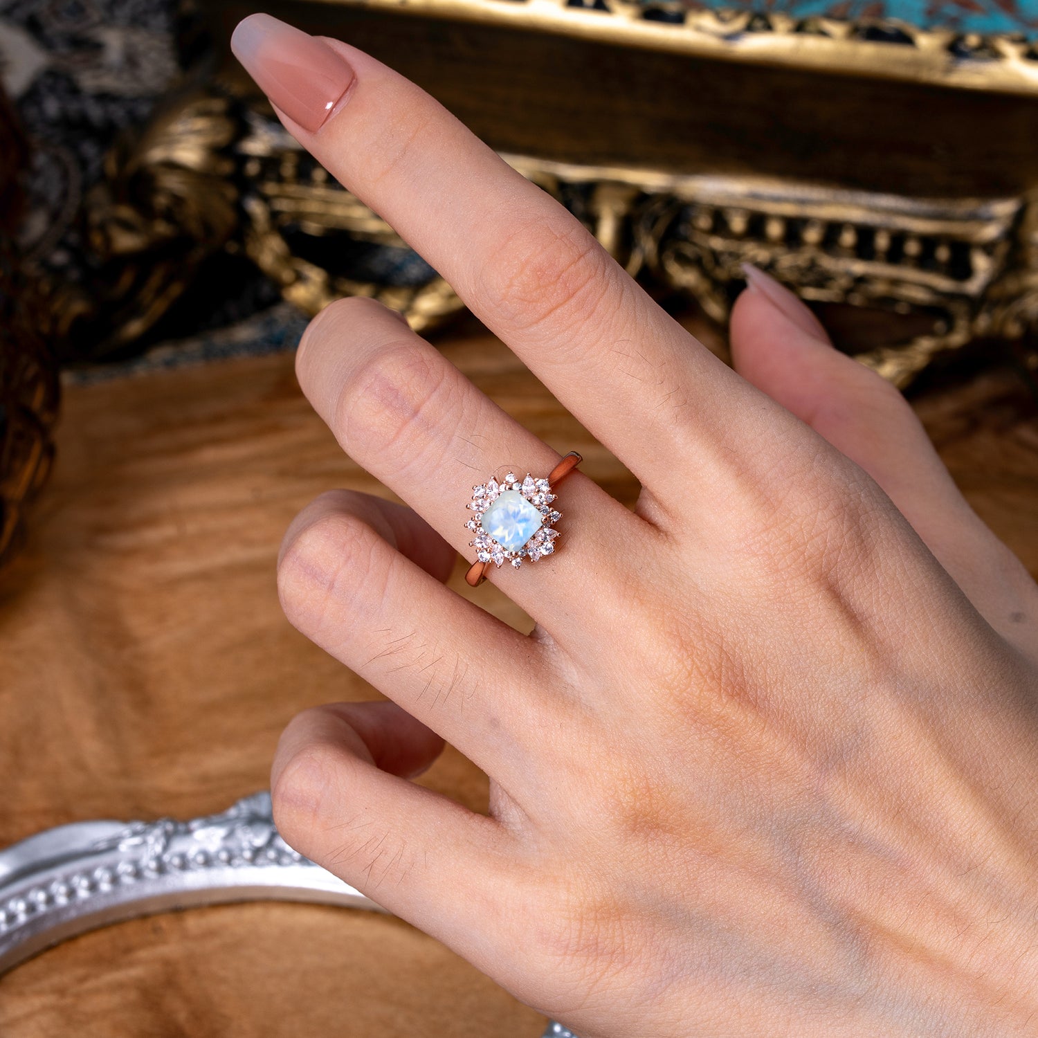 1.2 Carat Vintage Cushion Cut Cluster Halo Natural Moonstone Engagement Ring