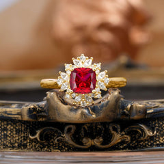1.2 Carat Vintage Cushion Cut Cluster Halo Ruby Engagement Ring